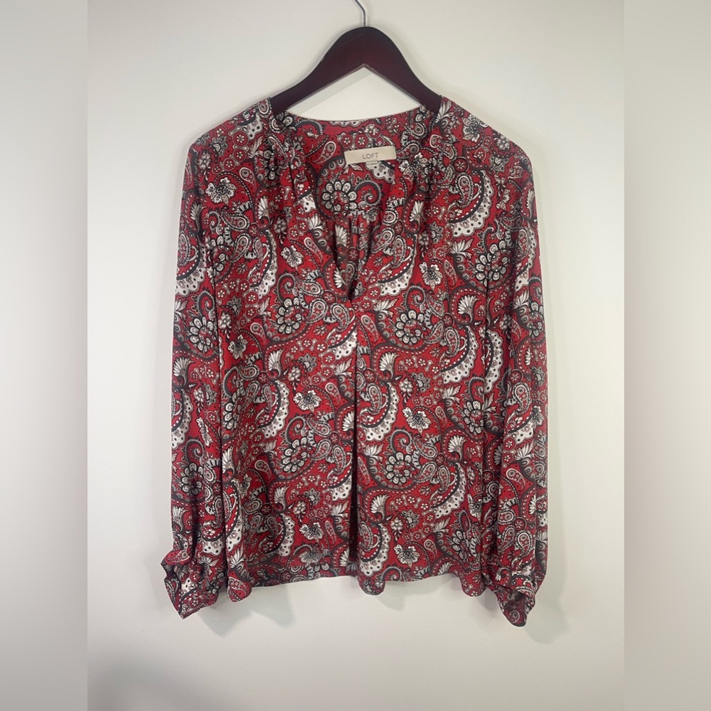 LOFT Red and White long sleeve Paisley Blouse
